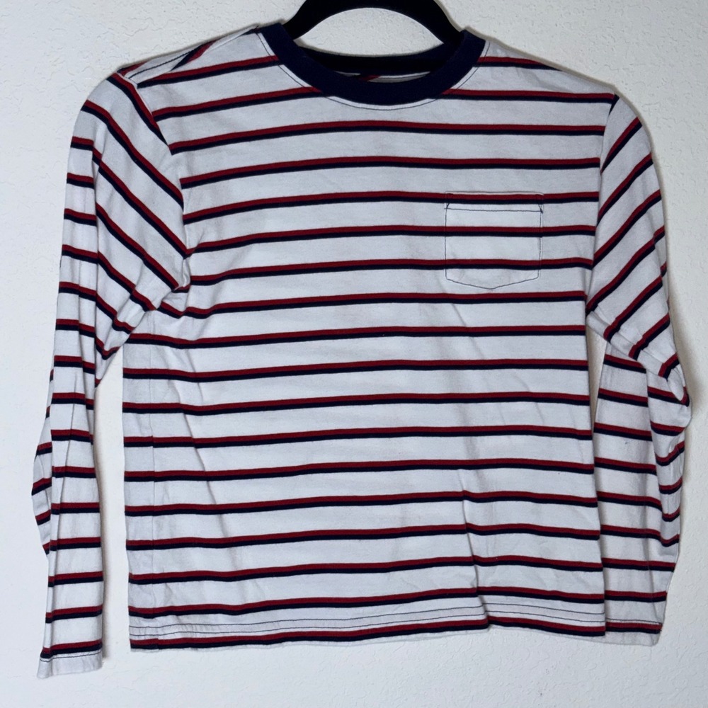 Crewcuts Striped Long Sleeve Tee Medium age 8 - 9 White Red Navy Pocket T-Shirt